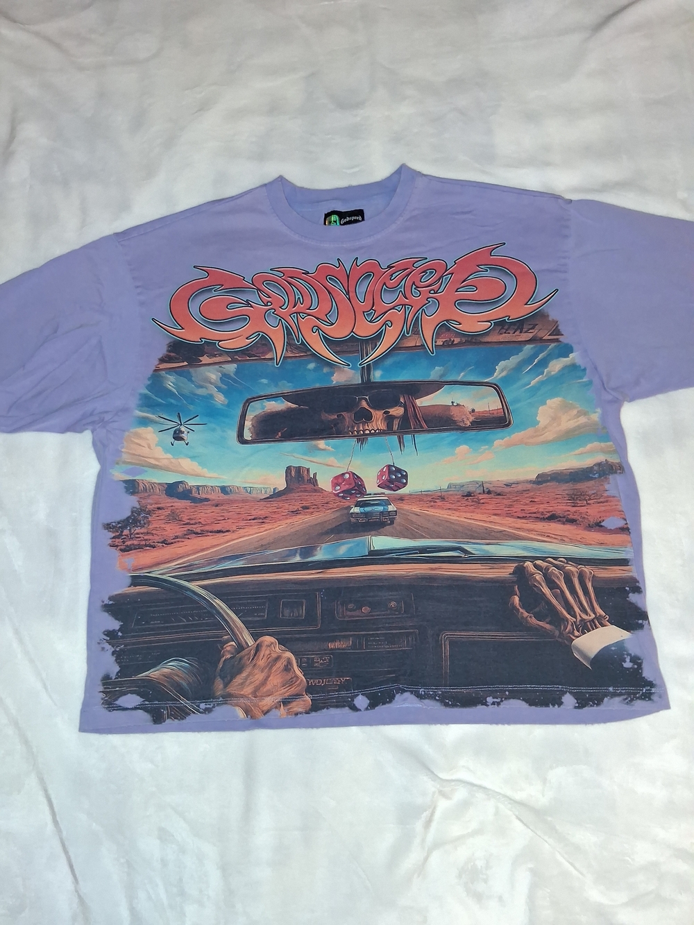 Godspeed Mens Graphic Tee in Lavender with Desert Road Print Size L